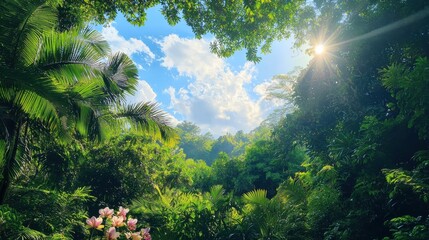 Lush rainforest scene featuring towering trees and vibrant orchids tropical paradise nature photography sun-kissed canopy magical atmosphere
