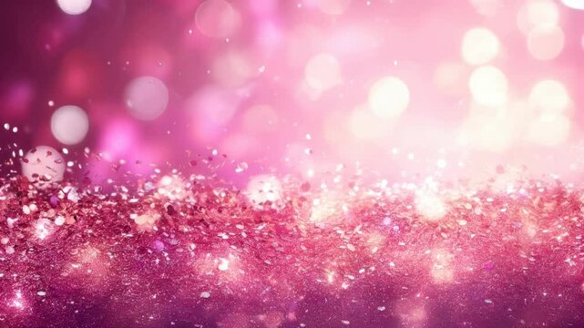 Pink glitter vintage lights bokeh background. Defocused light. Holiday sparkle effect. Magical and dreamy New Year, Christmas, Valentine's Day banner,