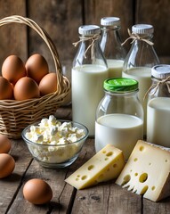 Milk, cheese, cottage cheese, eggs, yogurt on a wooden background. Dairy product concept. Ai Generative.