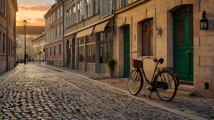 "A historic European street at dawn, with cobblestone roads, charming buildings, and a vintage bicycle leaning against a lamppost."