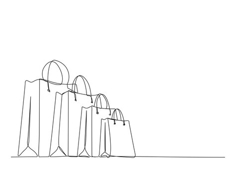 Continuous one line drawing of paper shopping bag. Paper bags fot gift in single line draw illustration. Editable stroke.