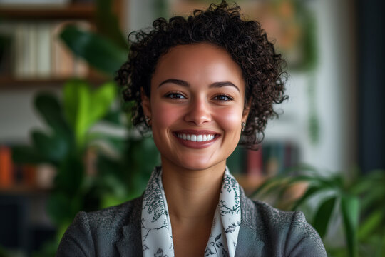 Confident job candidate smiling while posing in a professional office environment surrounded by plants and books