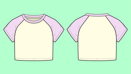 Women raglan sleeve crop round t-shirt fashion flat sketch outline technical drawing illustration, front, back, Mockup, CAD, template.