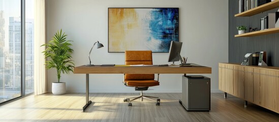 Stylish modern minimalist office with a clutter-free workspace and large window view
