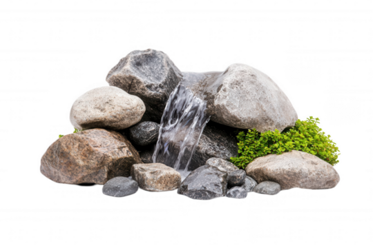 Waterfall cascading over smooth rocks with greenery creates a tranquil and natural focal point suitable for garden landscapes and outdoor decor