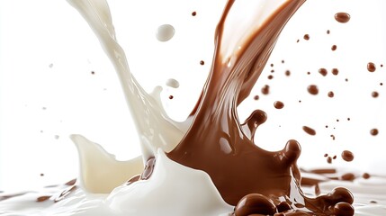 Fresh milk and chocolate milk splash in the air.