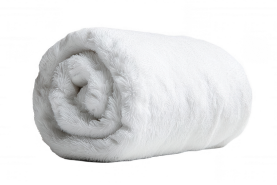 Soft white rolled blanket on a transparent background showcases a plush texture, ideal for cozying up in chilly weather or adding warmth to a living space