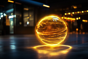 Fototapeta premium Glowing golden raffle ball spins slowly in a dimly lit venue during an evening event, captivating attendees with its radiant energy