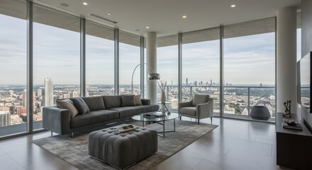 Fototapeta premium A luxury living room with a panoramic view of a city skyline through floor to ceiling windows