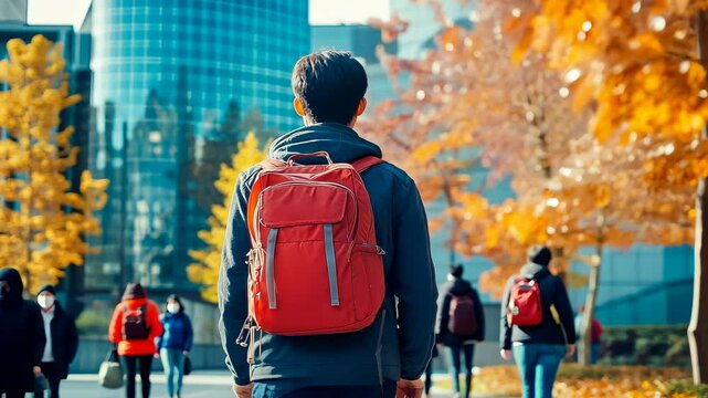 Young Asian male walking in city, autumn leaves vibrant. Man strolls busy sidewalk fall season. Backpacker explores urban landscape. City walker enjoys crisp air. Serenity amidst urban hustle.