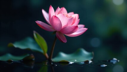 Obraz premium A Delicate Pink Lotus Blossom Emerging from Still Water, Its Petals Unfurling Gracefully in the Gentle Light