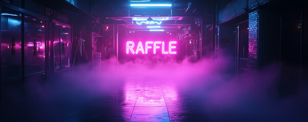 Glowing neon raffle sign illuminates a misty alleyway at night creating an inviting atmosphere for excitement and entertainment