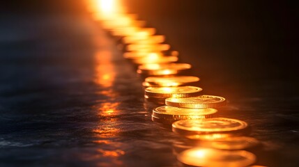 Obraz premium Glowing Staircase of Coins Leading Upward – Symbol of Financial Growth and Success