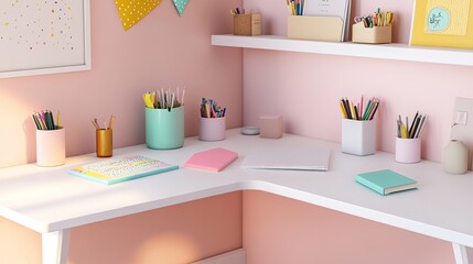 A clean corner desk for kids with built-in organizers, styled with pastel stationery. digital