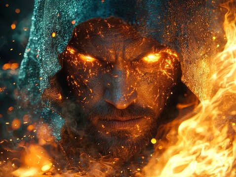 Fiery Eyed Sorcerer Casting Powerful Magical Spell Glowing Face Radiating Fierce Mystical Energy