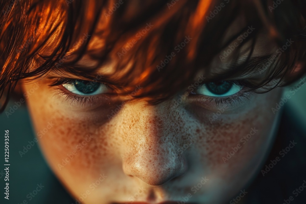 Poster a close-up of a person face with furrowed brows and lips pressed tightly together, their expression 