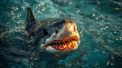 Obraz premium Fierce Shark With Open Jaws Revealing Razor Sharp Teeth in Deep Blue Ocean