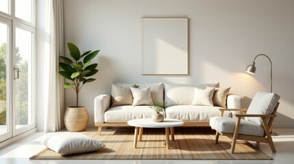 Obraz premium Serene Minimalist Living Room with Natural Light and Neutral Tones Featuring a Comfortable Sofa and Armchair