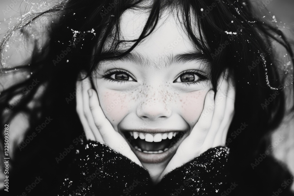 Poster a close-up of a person face with their eyes wide and mouth open in excitement, their hands clasped o