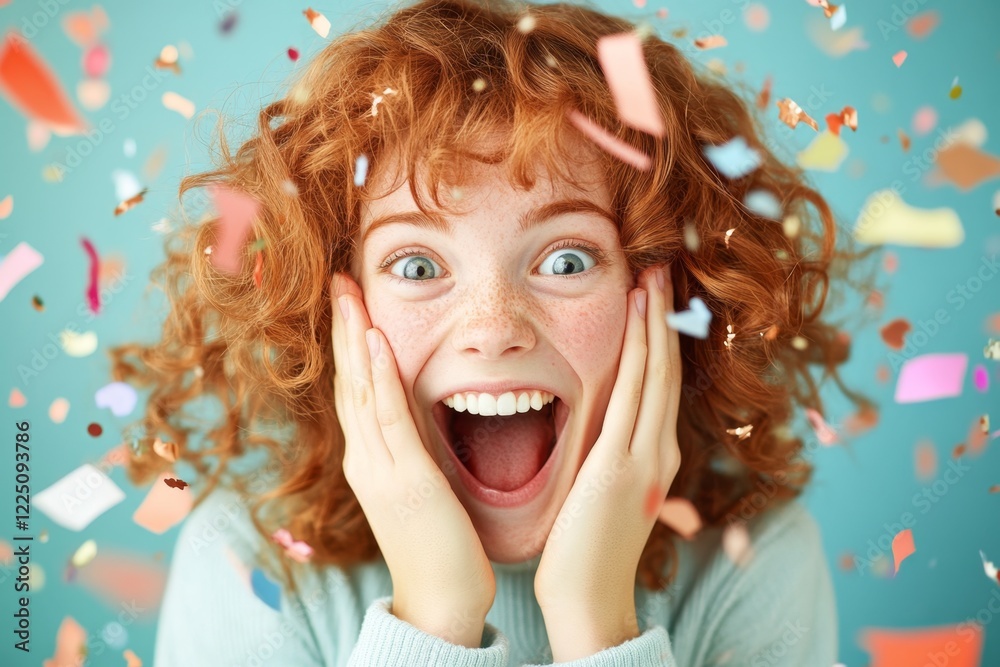 Aufkleber a close-up of a person face with their eyes wide and mouth open in excitement, their hands clasped o