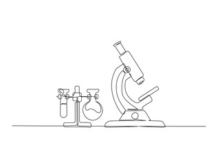 Continuous one line drawing of microscope - laboratory equipment. Microscope and laboratory test tube. in single line draw illustration. Editable stroke.