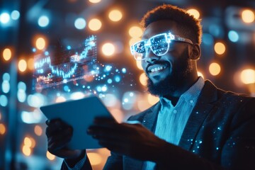 A startup founder pitching their idea to potential investors, holding a tablet with graphs and charts, their face glowing with passion and determination