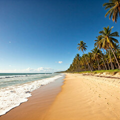 Photo of a long beach, on one side of the beach the lapping waves against the shore, white sand extends into the distance, on the other side, a row of palm trees runs parallel to the shoreline.