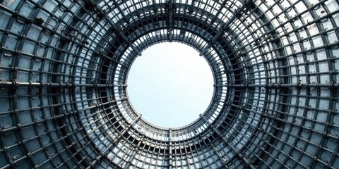 Naklejka premium Intricate Steel Framework of a Circular Structure, Viewed from Below, Reveals a Skylight Opening