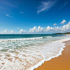 Impressive view of a a beach with a big white wave lapping in the shore, the foam covering the sand, the blue sky and the turquoise water form a natural epic scenario 