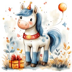 Fototapeta premium Joyful Horse with Birthday Sash and Sparkling Balloon Celebration