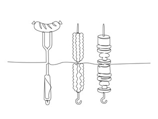Continuous one line drawing of Bbq grill food, turkish kebab, meat, sausage and vegetables. Barbecue food in single line draw illustration. Editable stroke.