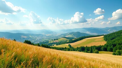 Fototapeta premium Serene Upland Panorama Rolling Hills, Golden Fields, and a Vast Blue Sky