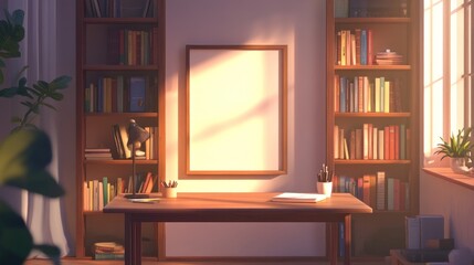 Tranquil study space with warm lighting, blank frame, bookshelves and a desk