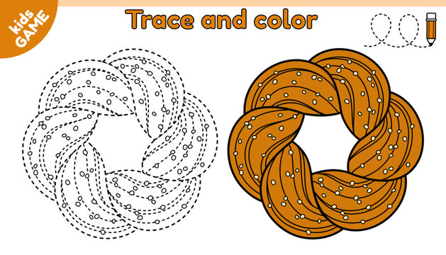 Christmas kids game. Trace and color. Connect dotted lines. Draw a kringle or pretzel is traditional Xmas baking in Estonia, Northern Europe. Handwriting practice activity page for children. Vector.