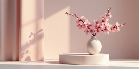 Serene pink blossoms in minimalist vase on pale platform, bathed in soft sunlight, creating a tranquil and elegant atmosphere.