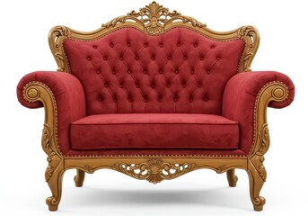 A royal style armchair with plush red velvet upholstery and intricately carved golden wooden accents