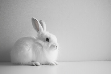 A serene white rabbit sitting gracefully on a minimalist surface against a soft, neutral background