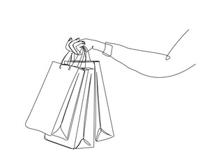 Continuous one line drawing of hand holds shopping bag. Paper bags fot gift in single line draw illustration. Editable stroke.