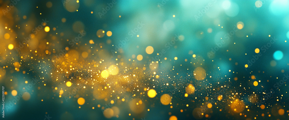 Poster Abstract golden bokeh light particles on a turquoise background, creating a festive and magical atmosphere, ideal for holiday designs, banners, or celebration themes.