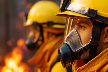 Fototapeta premium A team of firefighters working together to control a blaze, each carrying out specific tasks with precision and trust