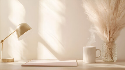 A serene workspace bathed in sunlight, featuring a minimalist desk setup with a warm beverage and pampas grass.