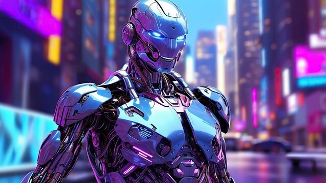 A futuristic robotic figure with a digital