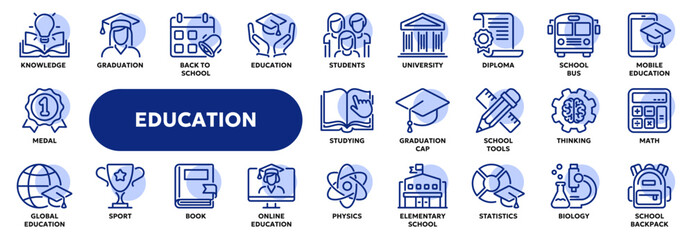 Set of vector line icons related to online education, school and university lessons, webinar. Symbols for website or app ui, logo design, illustration