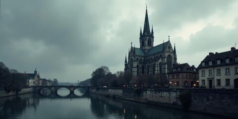 Fototapeta premium Serene gothic architecture beside a tranquil waterway under a brooding sky