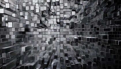 Striking 3D Abstract Geometric Artwork Showcasing Irregular Small Cubes in Black and White, Emphasizing Modern Minimalism and Complexity at Dusk