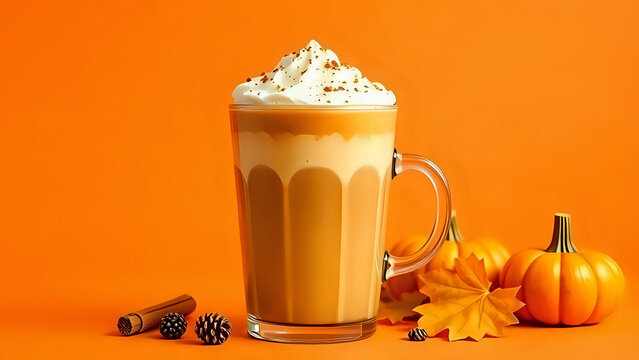 Seasonal pumpkin spice latte isolated on orange background, fall autumn decorative side view composition