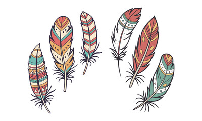 Colorful Hand-Drawn Feathers with Unique Patterns and Bohemian Style