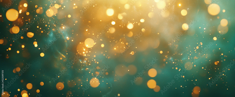 Poster Golden glowing particles with a vibrant turquoise background, creating an abstract composition symbolizing luxury, celebration, and elegant design.