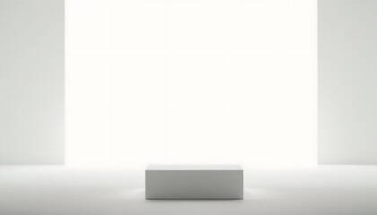 3D rendering product display platform,Empty white podium stage table in white empty studio room with sunlight beams from windows. White empty table stage mock up background for products,1568