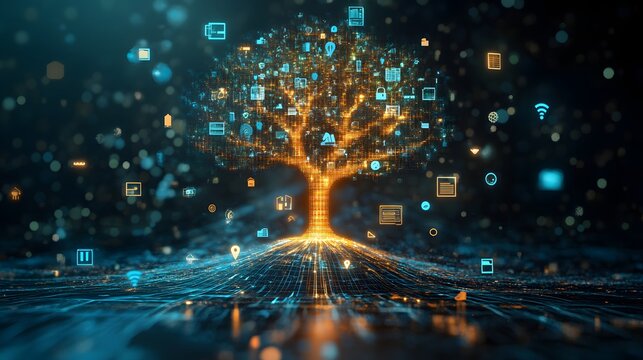 Futuristic Holographic Tree with Business Icons as Branches